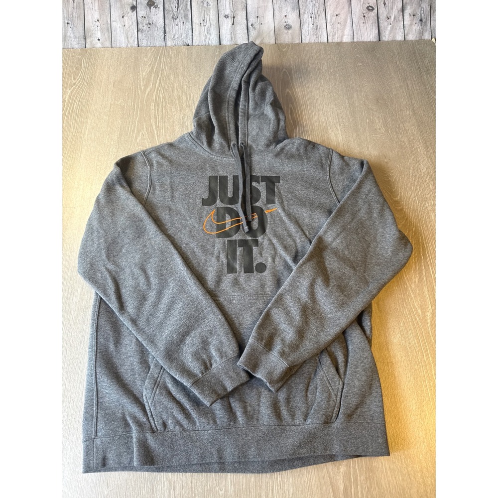 Nike Mens Just Do It Graphic Hoodie Gray Orange Swoosh Fleece Pullover Large